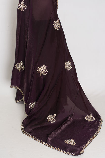Rini: Deep Purple Glass Tissue Saree with Cut Dana Work | Partywear image 3
