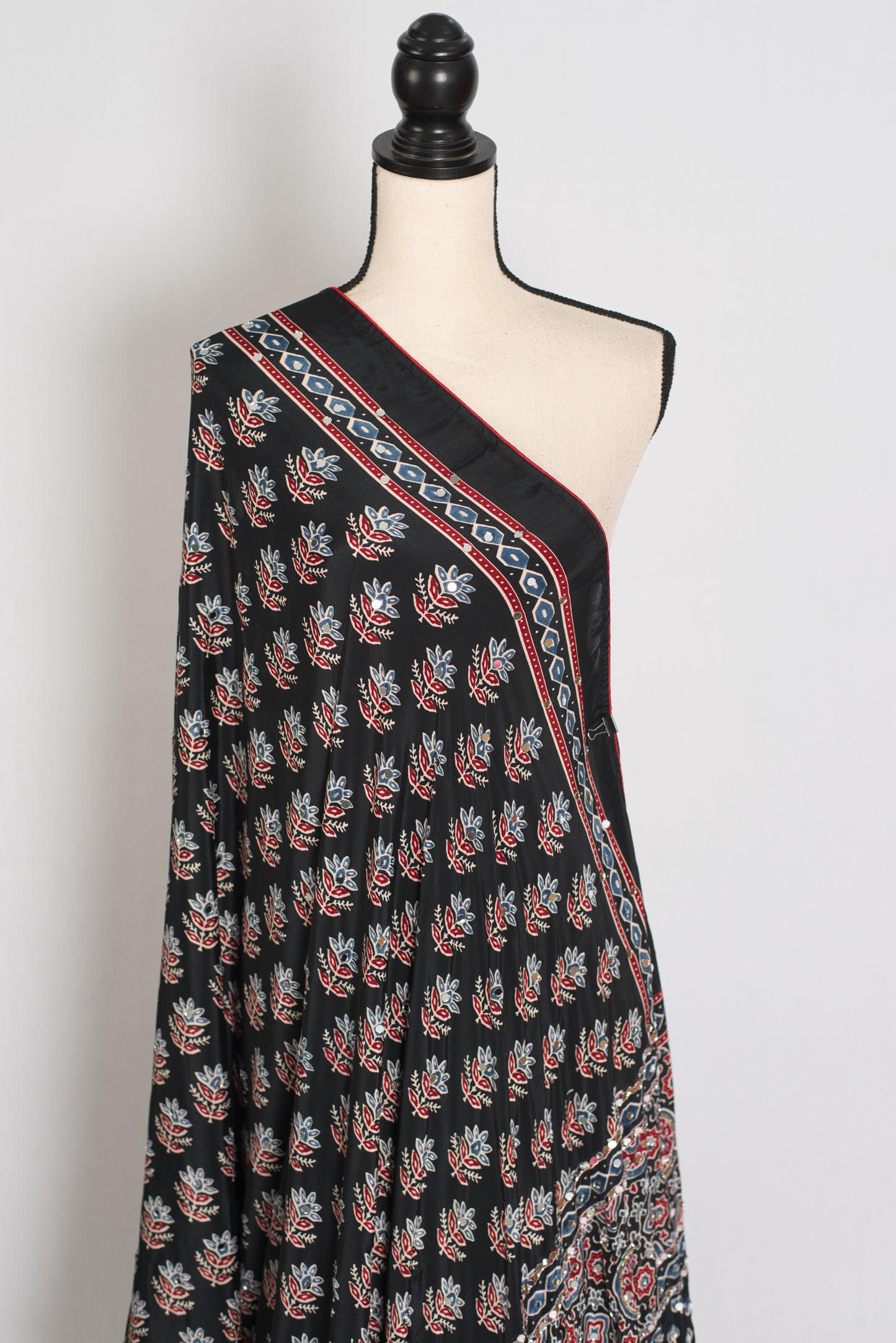 Afrin | Black Ajrakh Printed Saree | Mirror Work Semi Modal Silk image 4