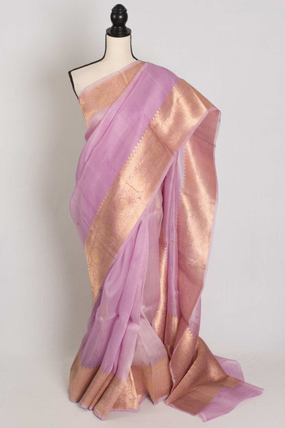 Afrin : Silk Mark Certified Mauve Kora Organza Banarasi Saree with Golden Zari image 0