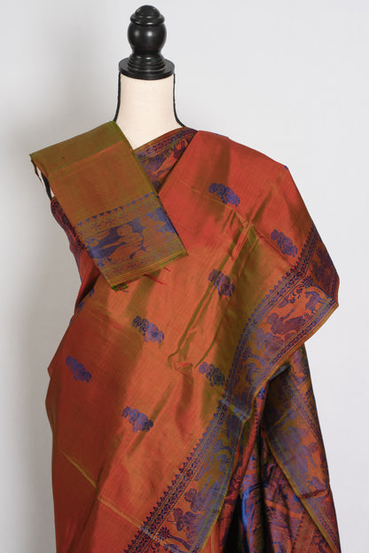 Nita | Brown and Blue Handwoven Baluchari Silk Saree with Blue Minakari Detail image 3
