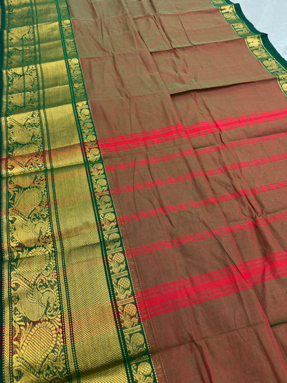 Yamini : Rusty Red Kanchi Cotton Saree - Handwoven South Indian Elegance image 1