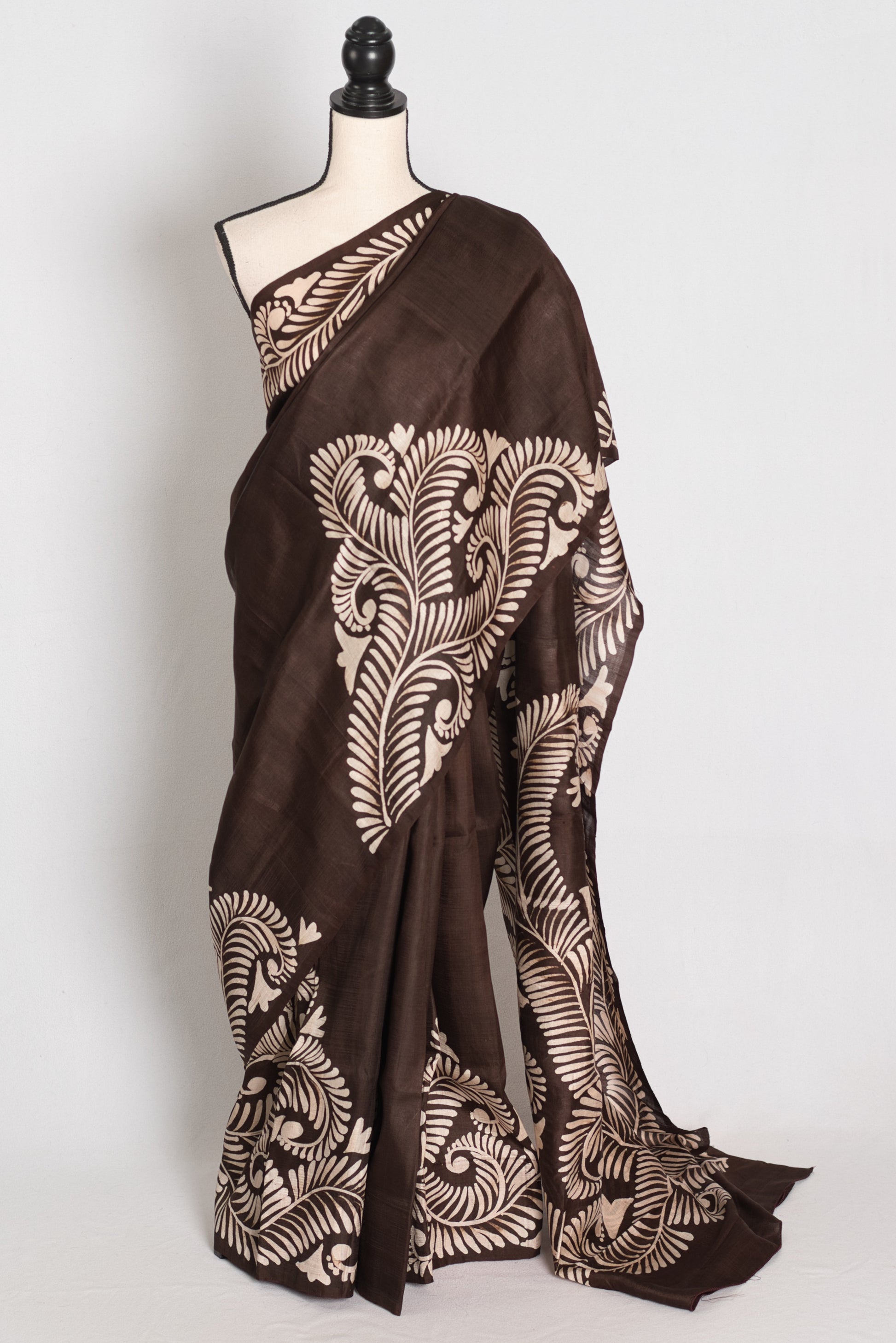 Gayetri : Coffee Brown Hand Batik Pure Murshidabad Silk Saree | Silk Mark image 0