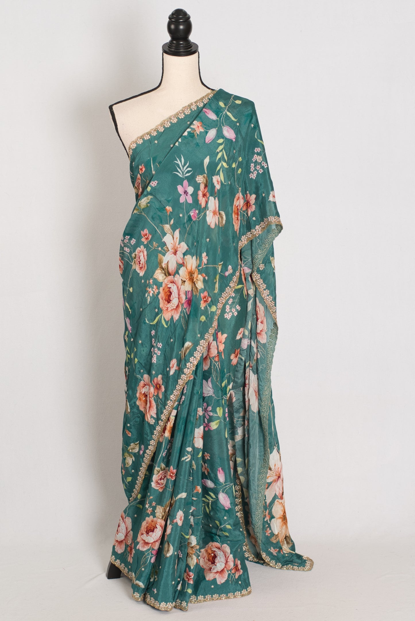 Afrin: Teal Floral Chinon Crepe Saree with Hand-Embroidered Pearl Border image 0