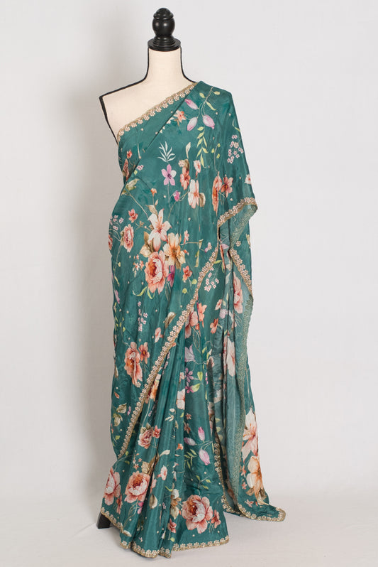 Afrin: Teal Floral Chinon Crepe Saree with Hand-Embroidered Pearl Border image 0