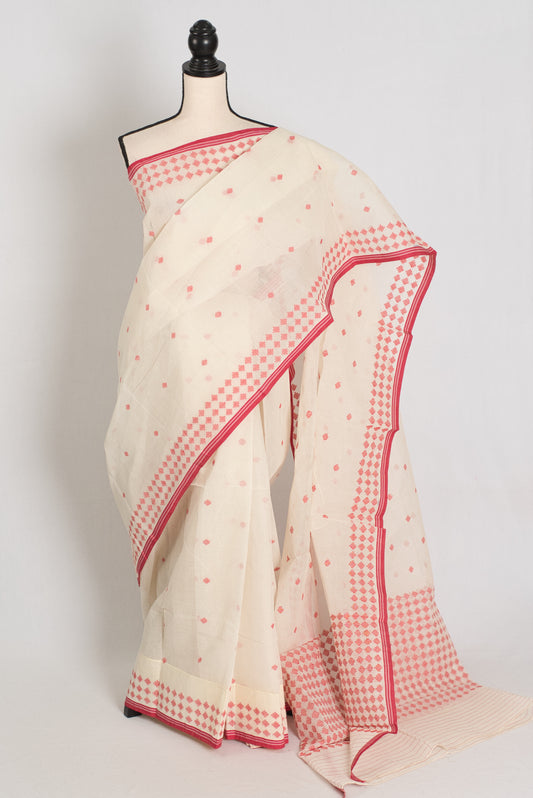 Jamini | Traditional White & Red Bengal Cotton Jamdani Saree image 0