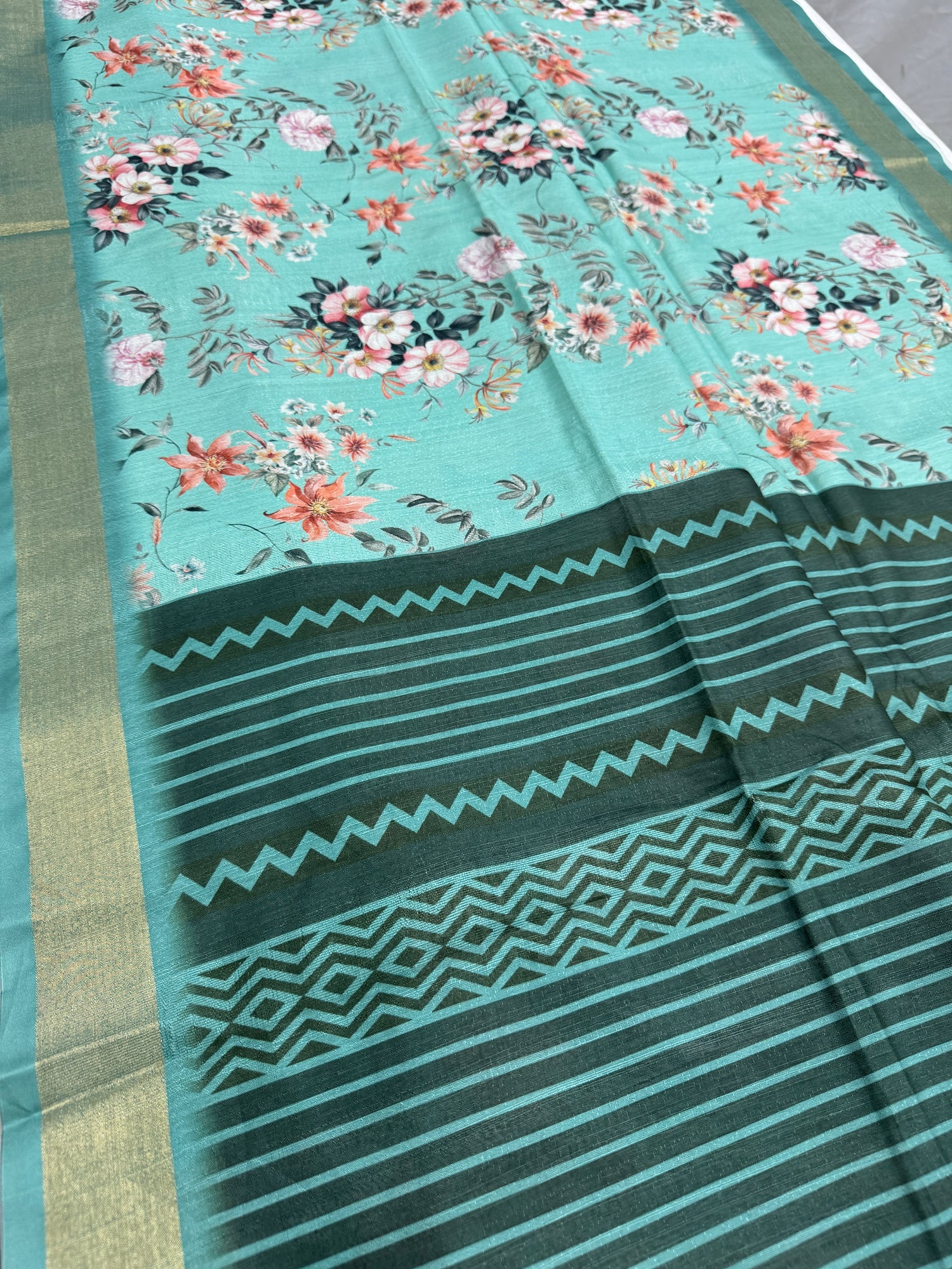 Shazia | Sea Green Floral Printed Semi Tussar Saree image 0