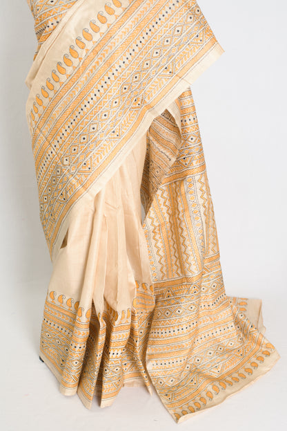 Suchitra : Hand Embroidery Tussar Silk Kantha Stitch Saree in Beige and Yellow image 6