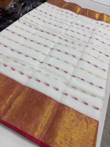 White and Red Tant saree — drape view