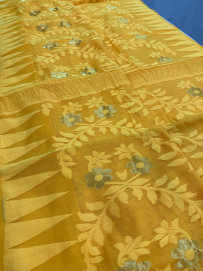 Jaya : Bright Yellow and Gold Blended Soft Cotton Jamdani Saree image 2