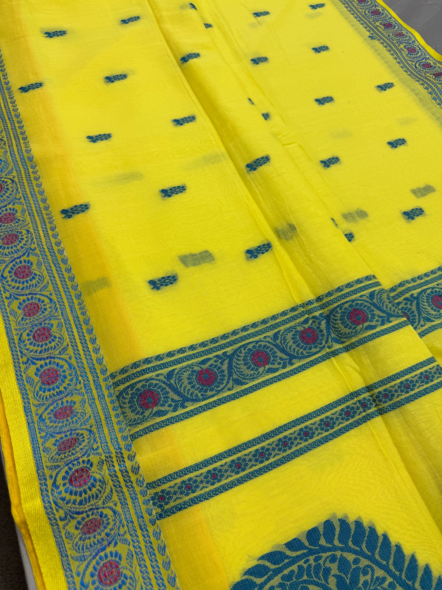 Sejuti : Bright Yellow and Teal Cotton Baluchari Saree image 5