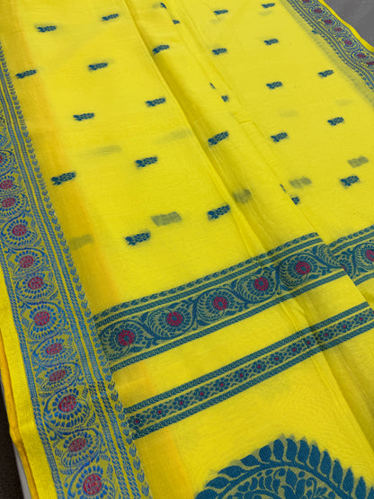 Sejuti : Bright Yellow and Teal Cotton Baluchari Saree image 5