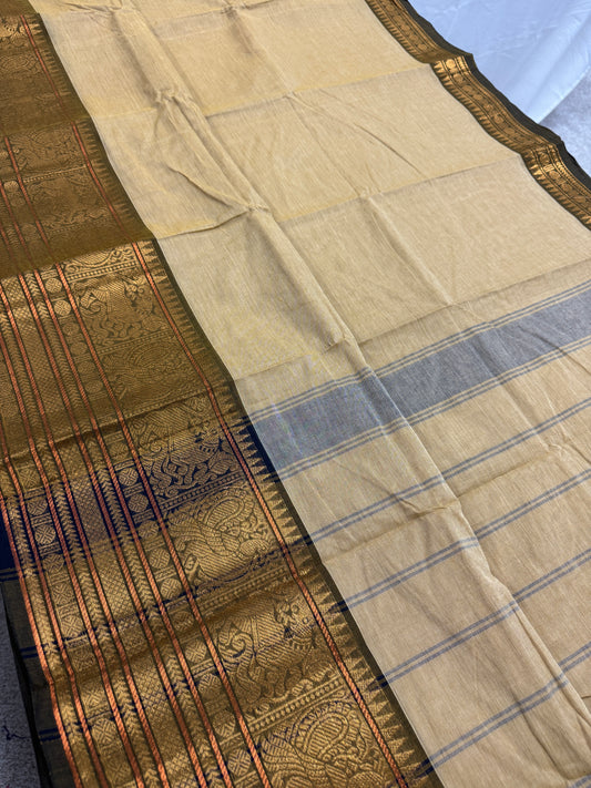 Sanvi : Handwoven Kanchi Cotton Saree in Light Brown and Henna Green image 0