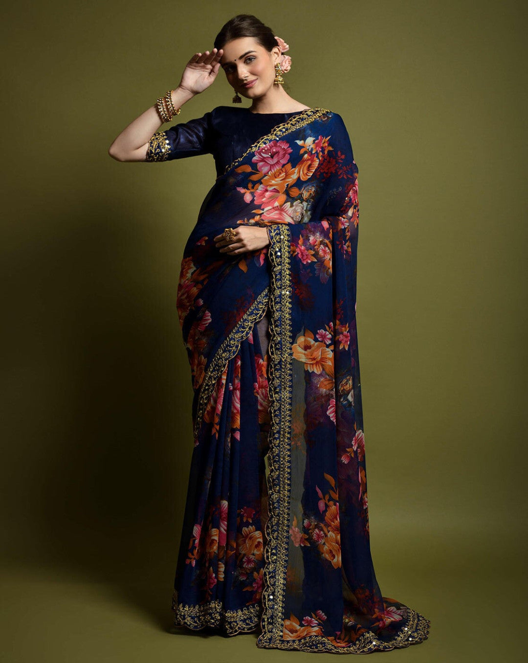 Designer Floral Georgette Partywear Saree in Dark Blue.