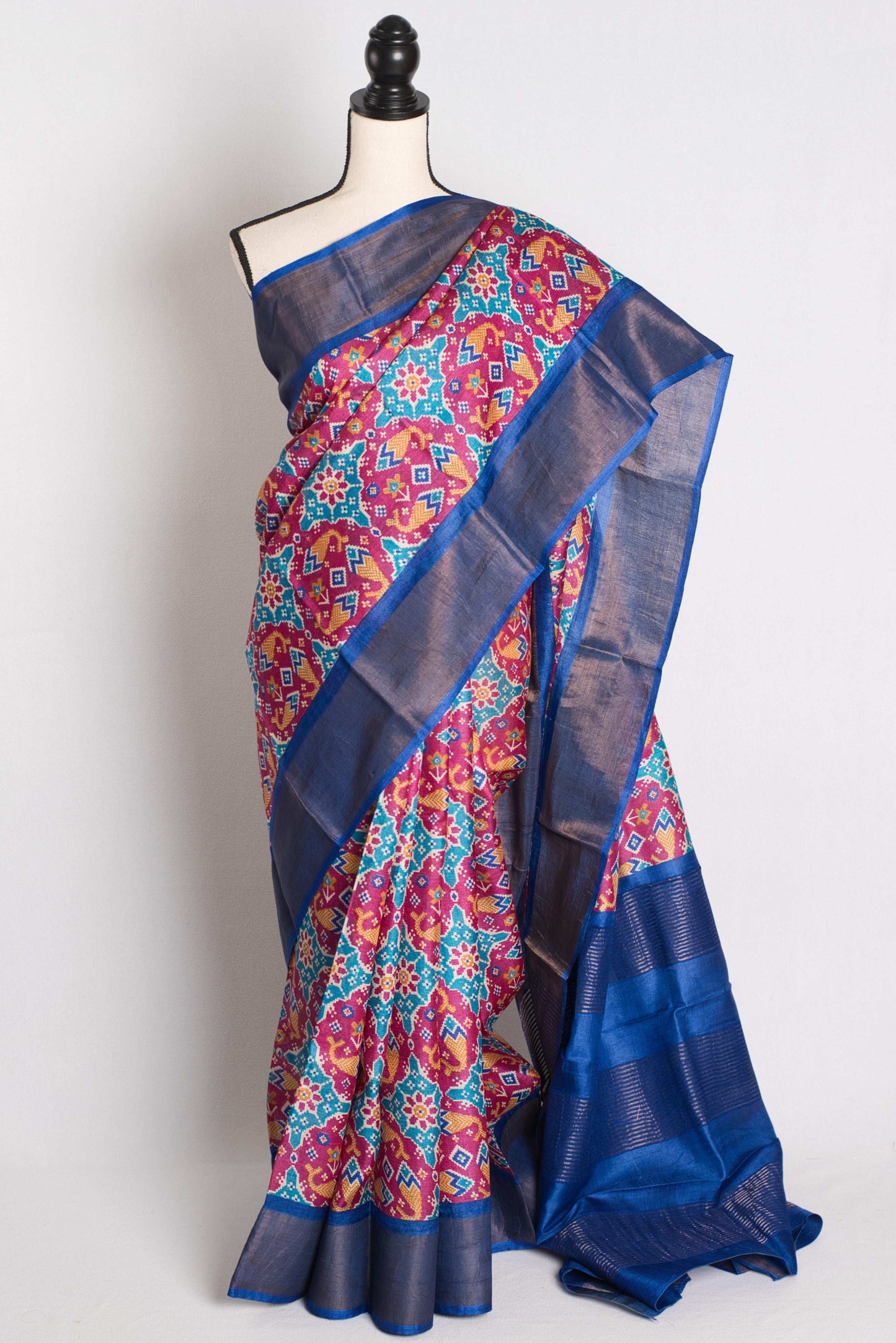 Patola Print Tussar Silk Saree - Bengal Hand Block Printed Silk Saree