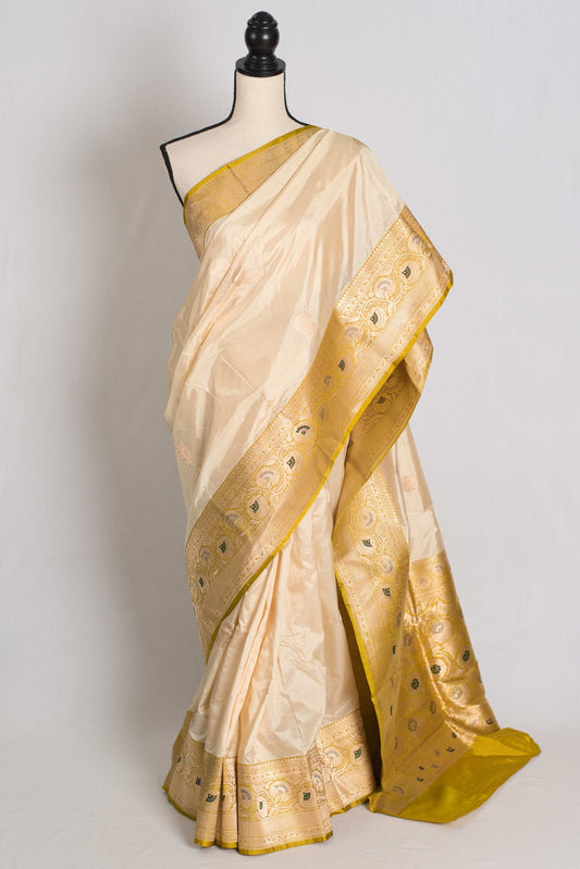 Kamalini : Silk Mark Certified Cream Banarasi Saree with Meenakari Work