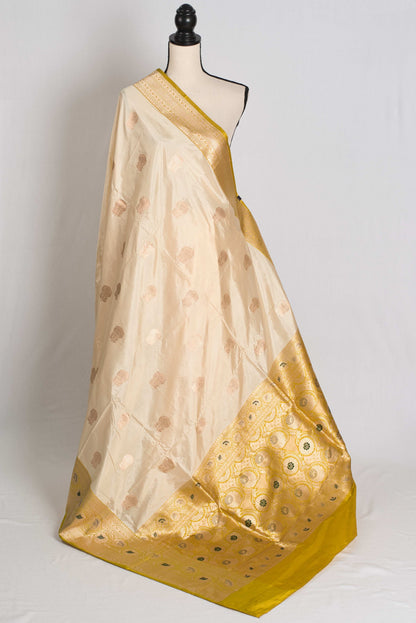 Kamalini : Silk Mark Certified Cream Banarasi Saree with Meenakari Work