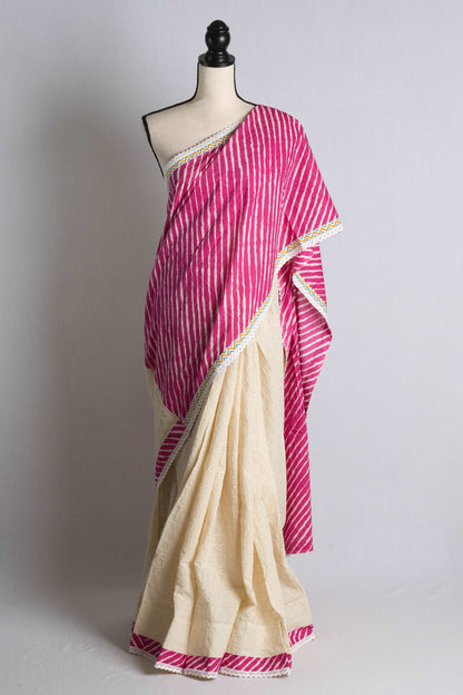 Designer Hakoba Cotton Saree in Off White and Pink