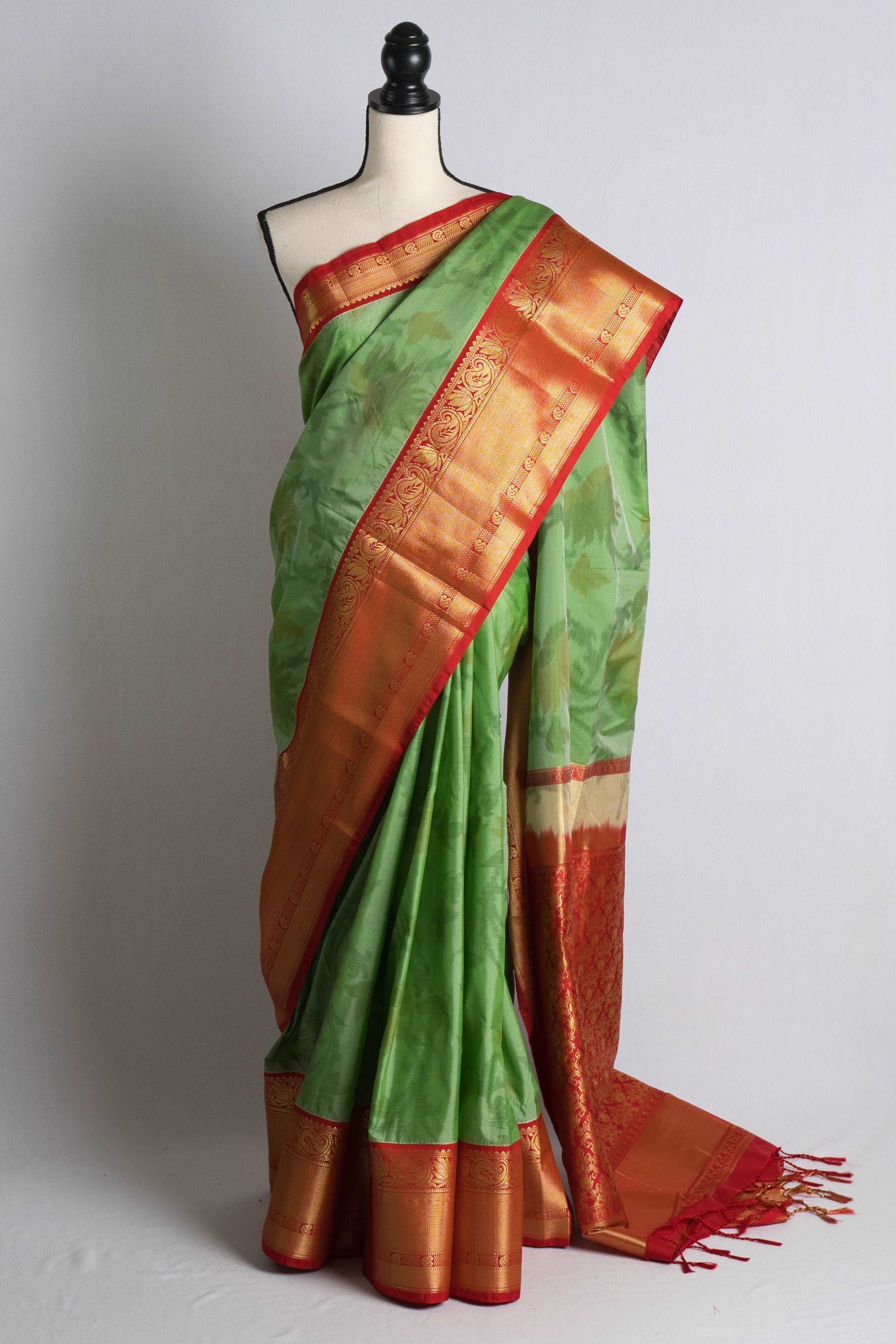 Semi Silk Pochampally Saree in Sea Green and Red