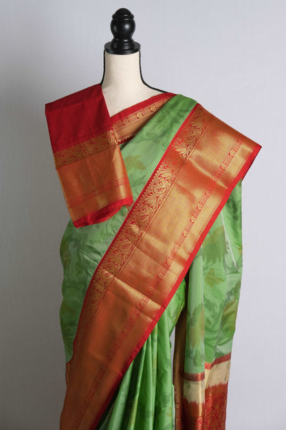 Semi Silk Pochampally Saree in Sea Green and Red