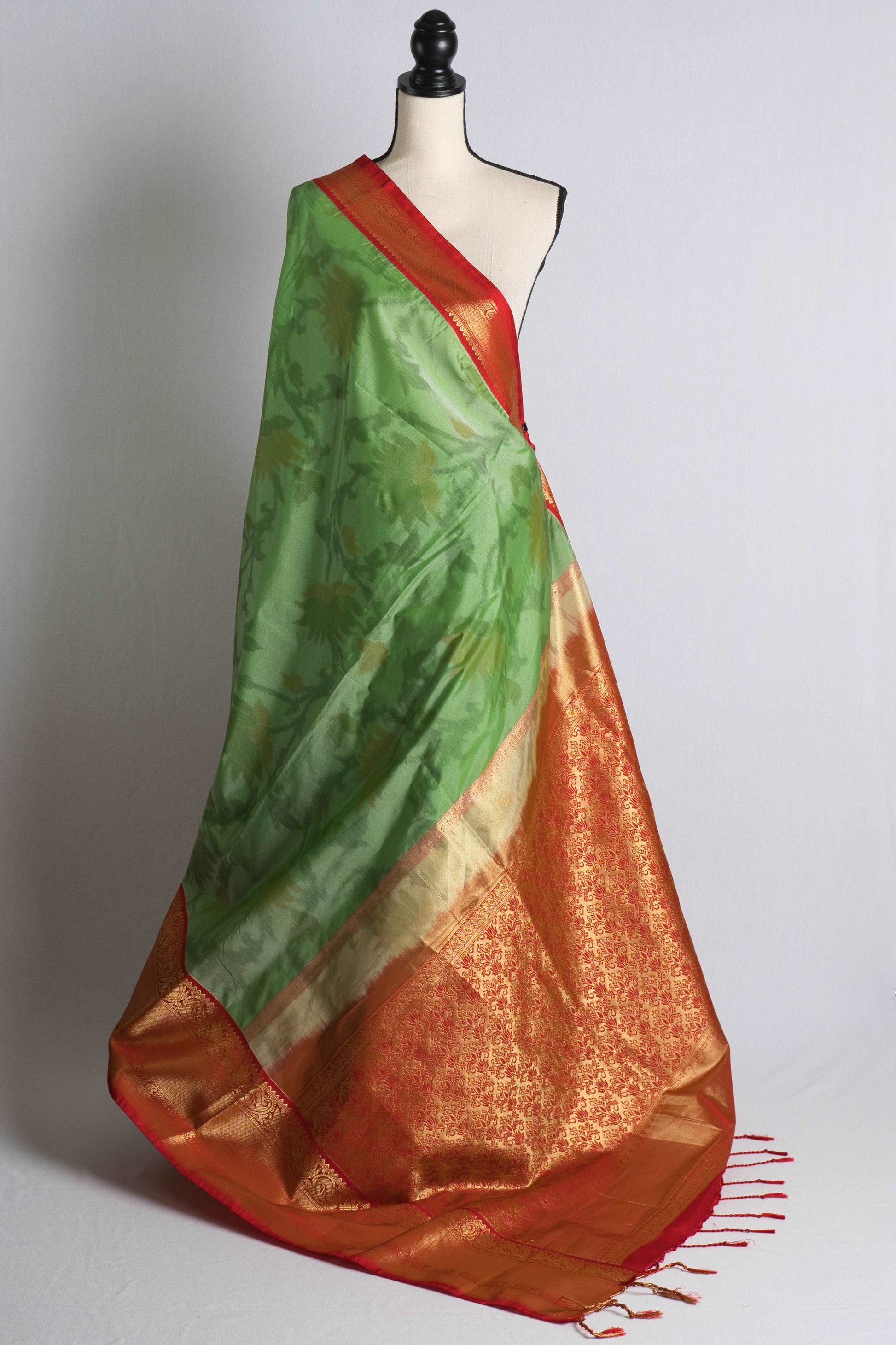 Semi Silk Pochampally Saree in Sea Green and Red