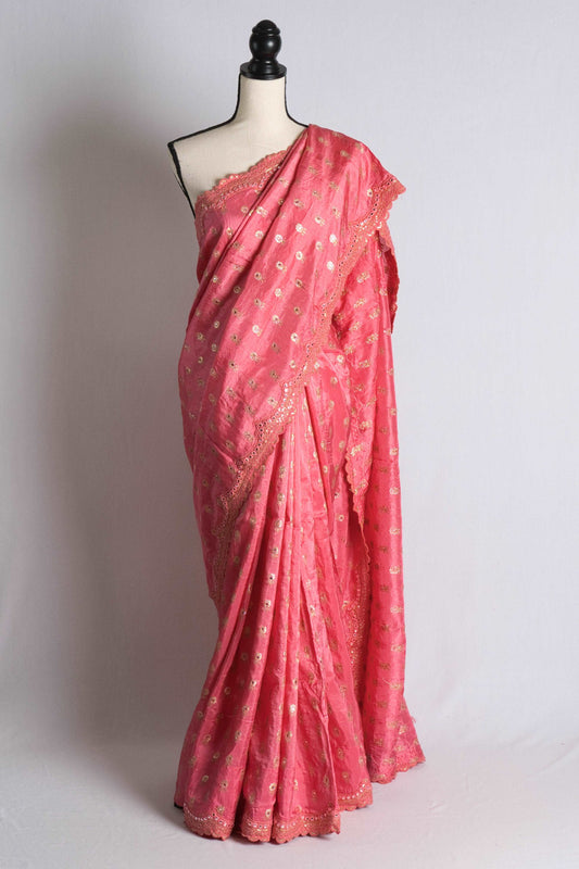 Designer Partywear Mirror Work Saree in Pink and Gold.