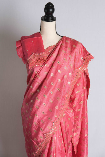 Designer Partywear Mirror Work Saree in Pink and Gold.