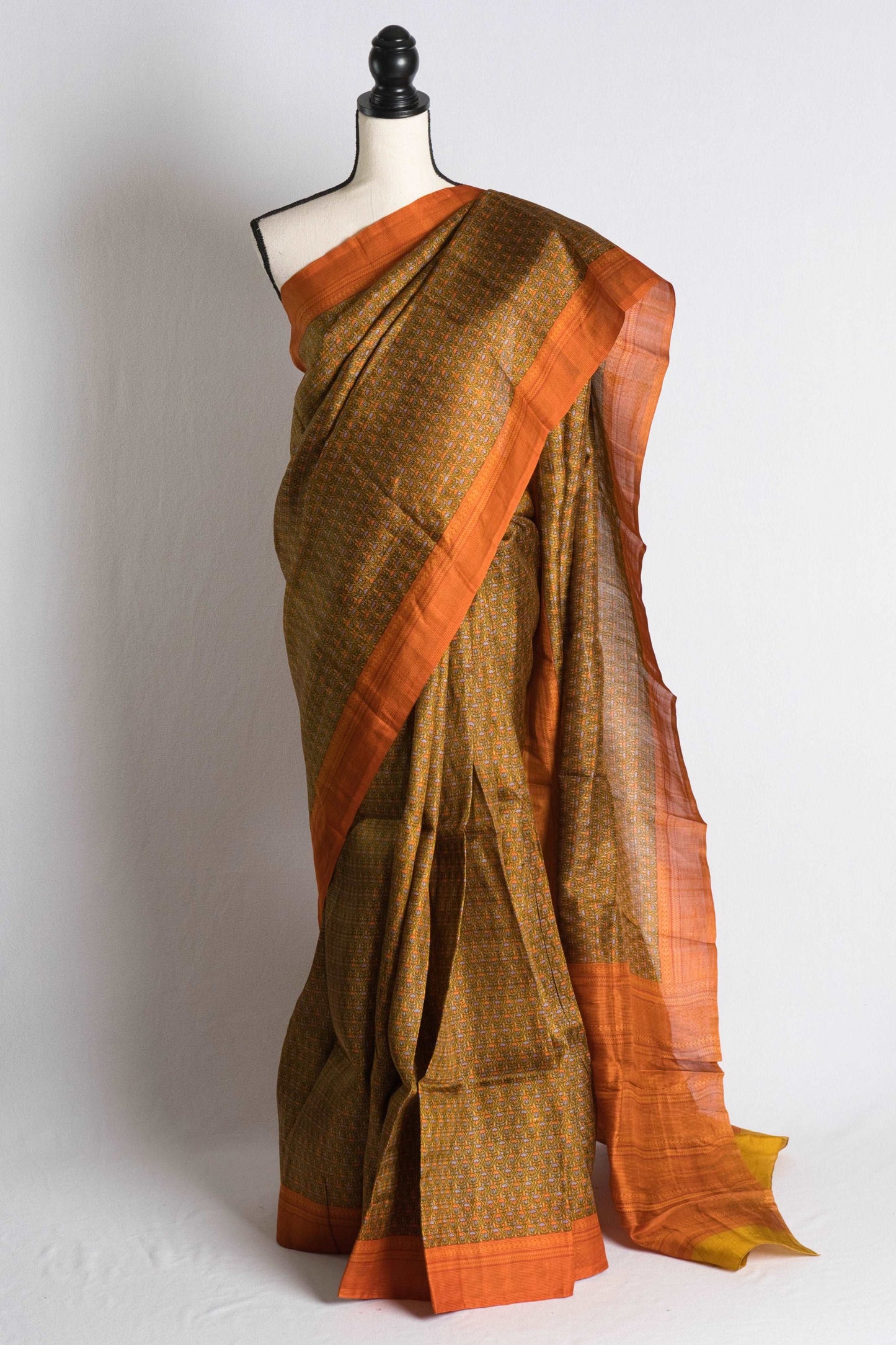 Ajrakh Printed Murshidabad Silk Saree in Heena Green and Orange