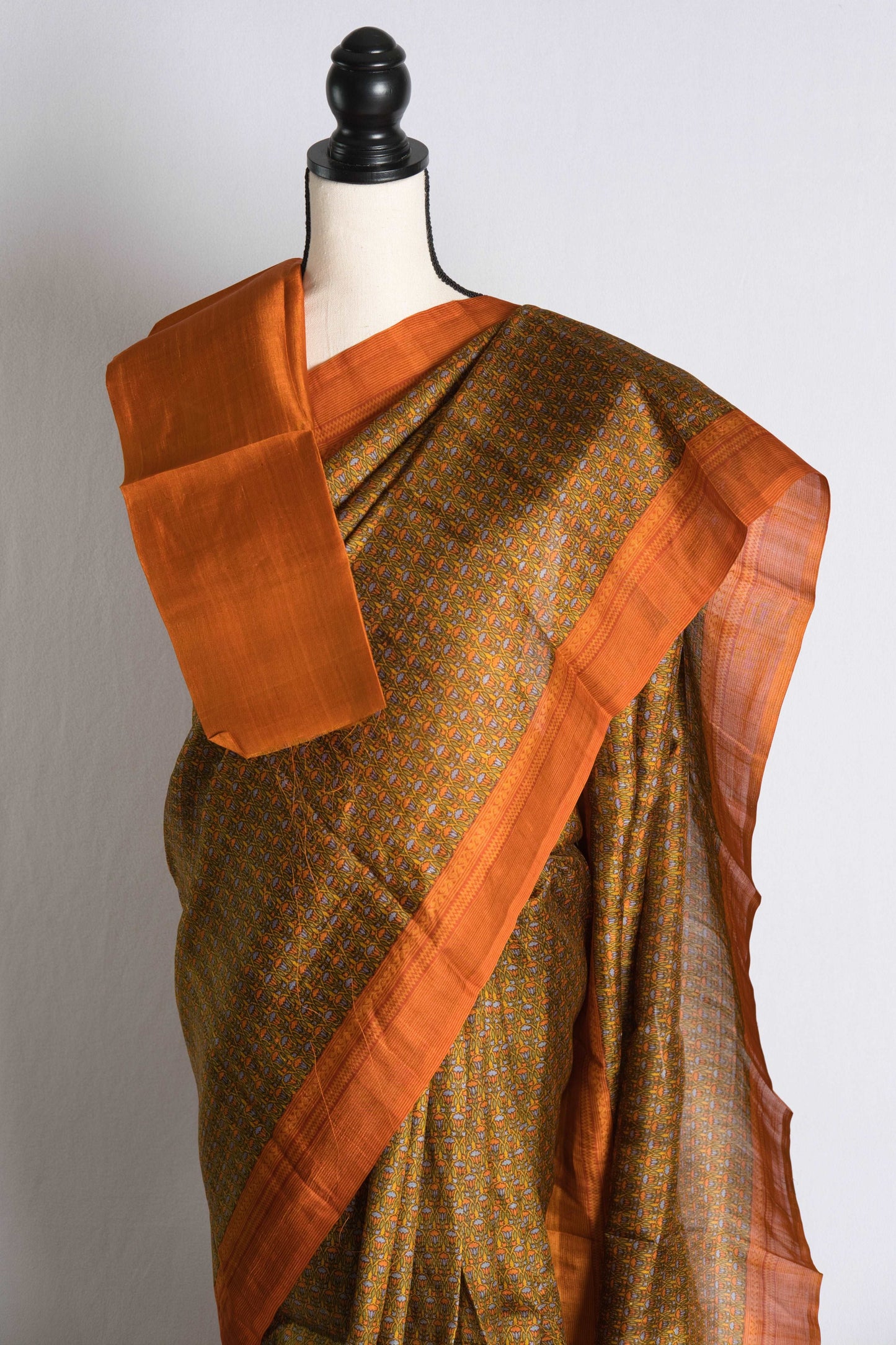 Ajrakh Printed Murshidabad Silk Saree in Heena Green and Orange