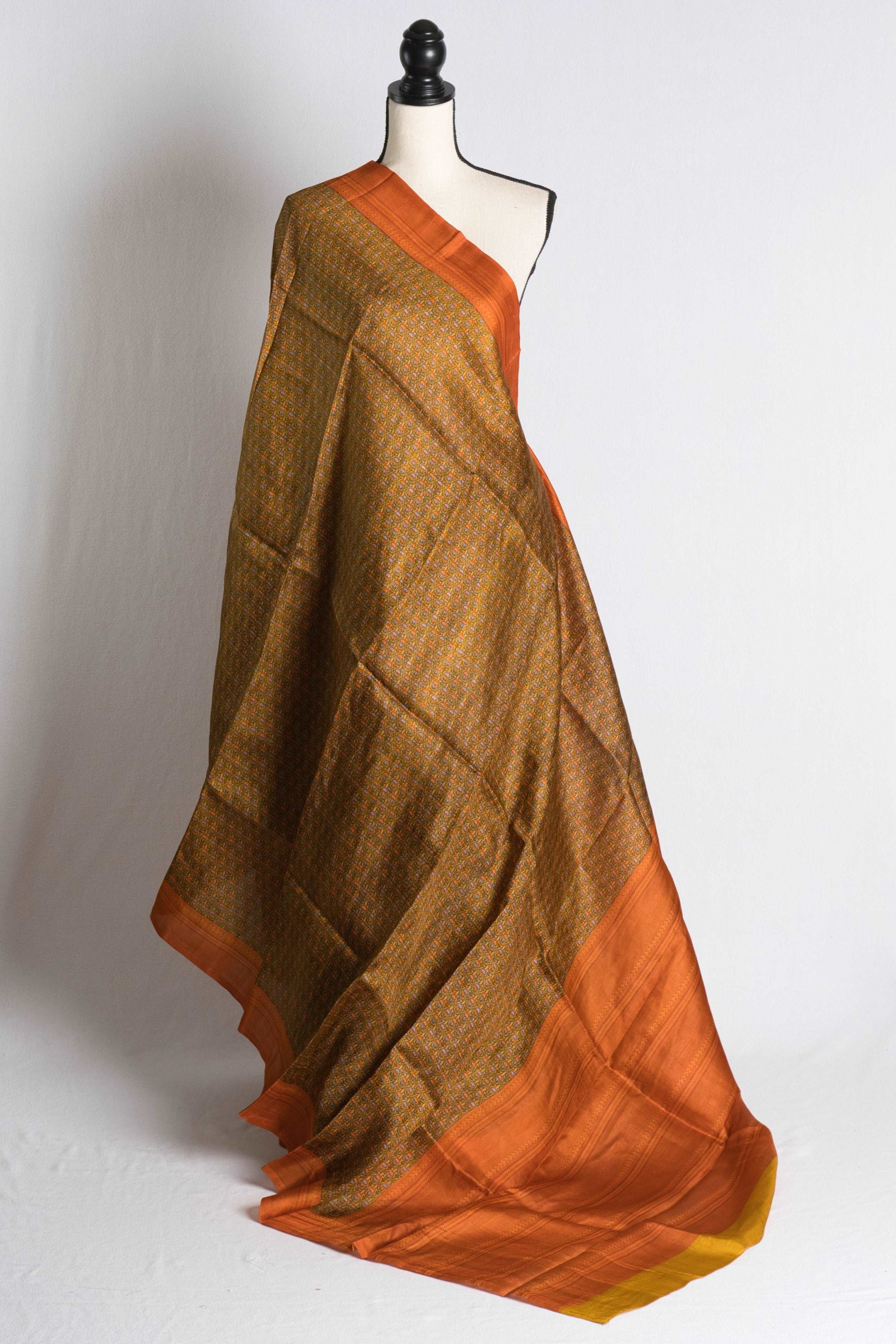 Ajrakh Printed Murshidabad Silk Saree in Heena Green and Orange