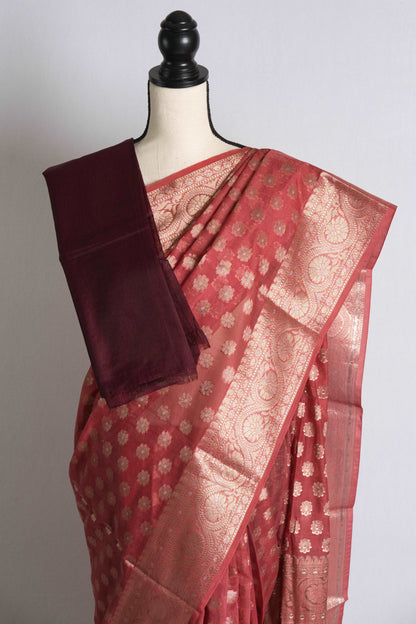 Semi Soft Organza Jaal Banarasi Saree in Brown