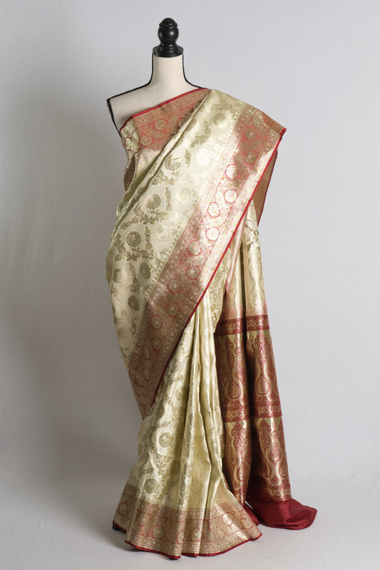 Semi Katan Silk Bridal Minakari Banarasi Saree in Cream and Dark Red.