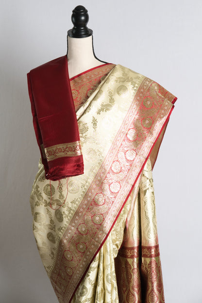 Semi Katan Silk Bridal Minakari Banarasi Saree in Cream and Dark Red.