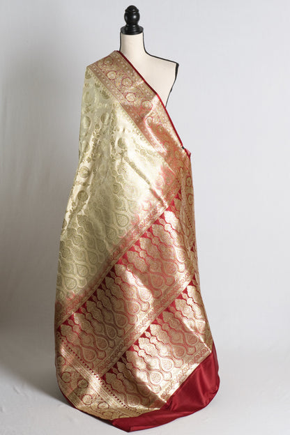 Semi Katan Silk Bridal Minakari Banarasi Saree in Cream and Dark Red.