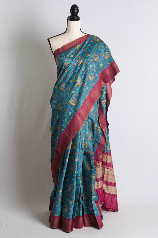 Muga Tussar Kalamkari Saree in Blue and Magenta.