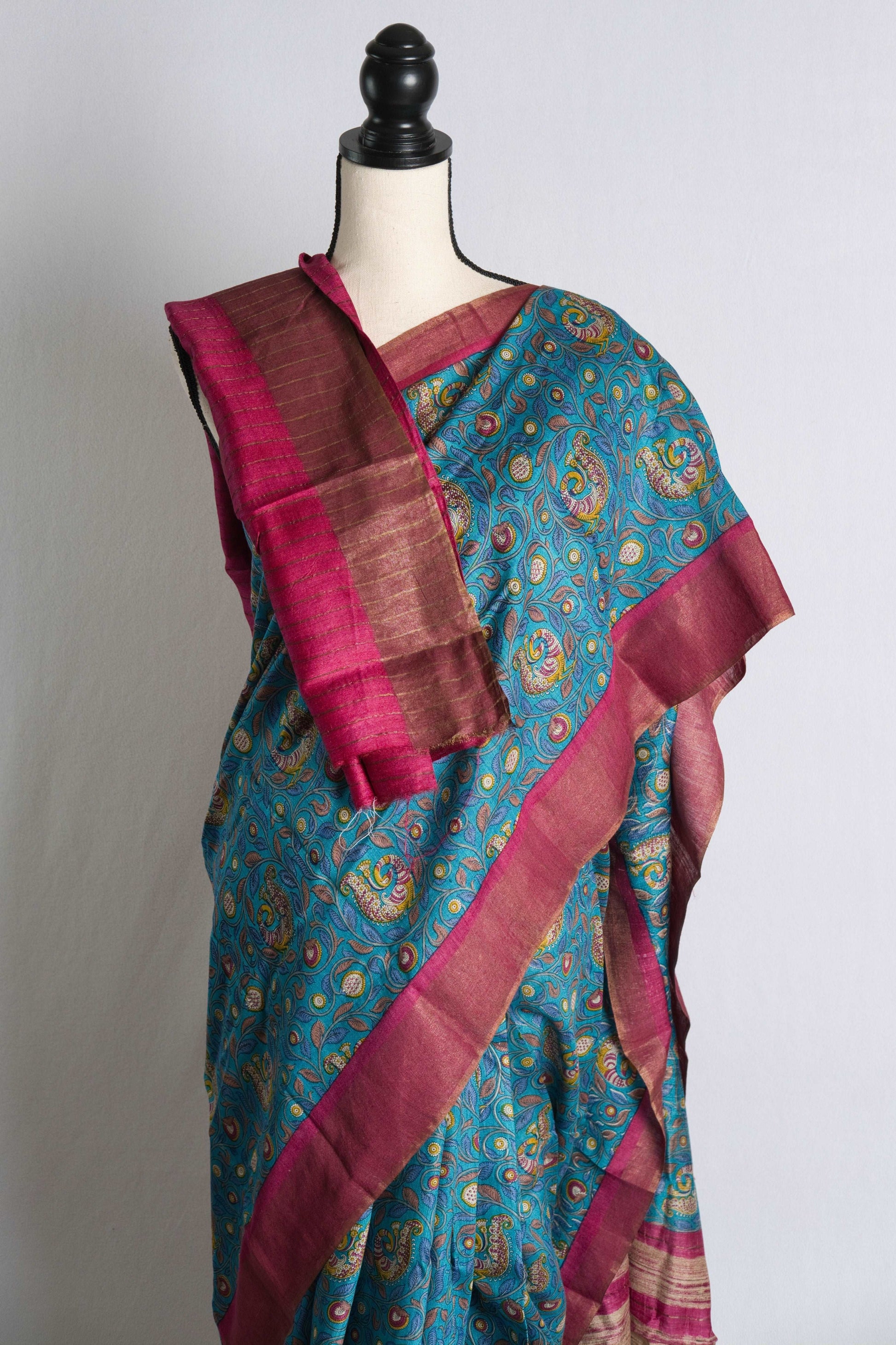 Muga Tussar Kalamkari Saree in Blue and Magenta.