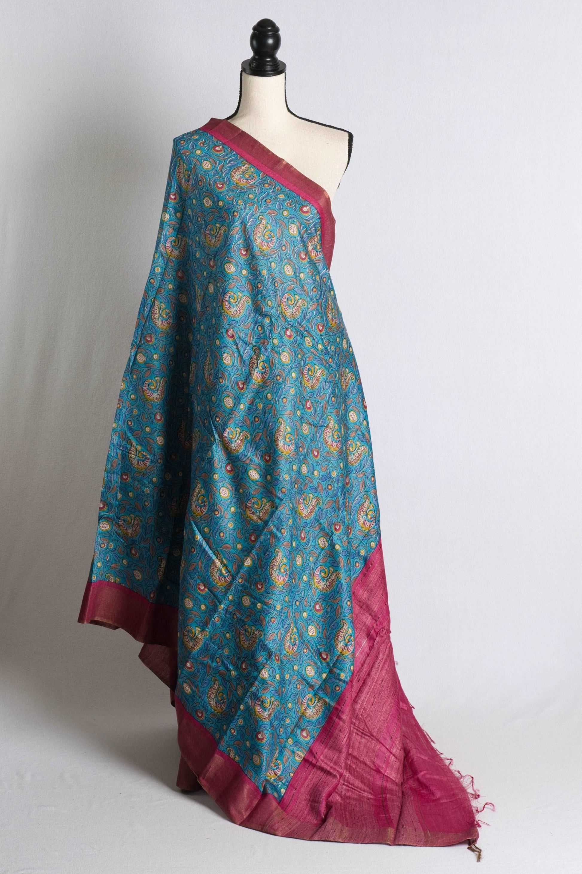 Muga Tussar Kalamkari Saree in Blue and Magenta.