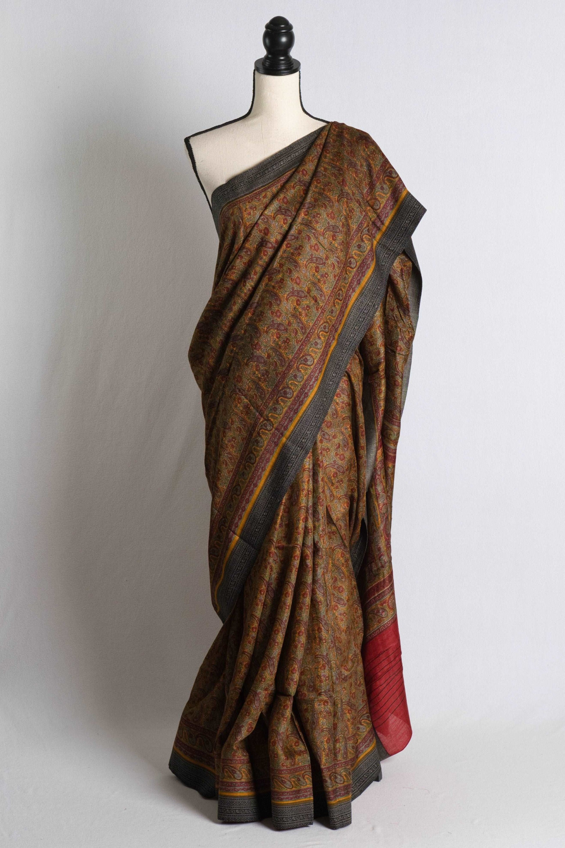 Printed Pure Pashmina Silk Saree in Brown and Black.