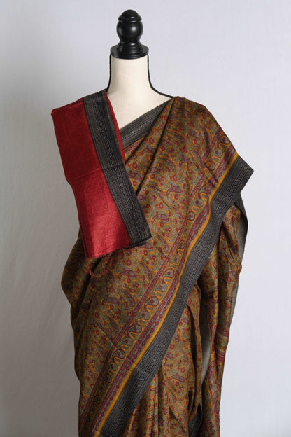 Printed Pure Pashmina Silk Saree in Brown and Black.