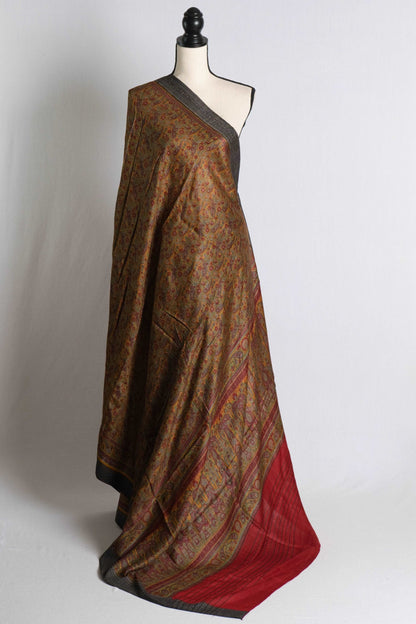 Printed Pure Pashmina Silk Saree in Brown and Black.