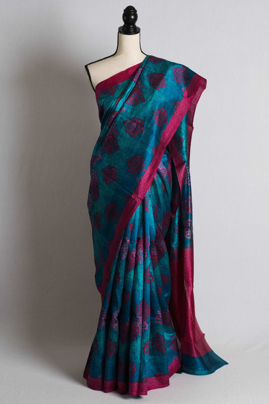 Printed Murshidabad Pure Silk Saree in Blue and Magenta.