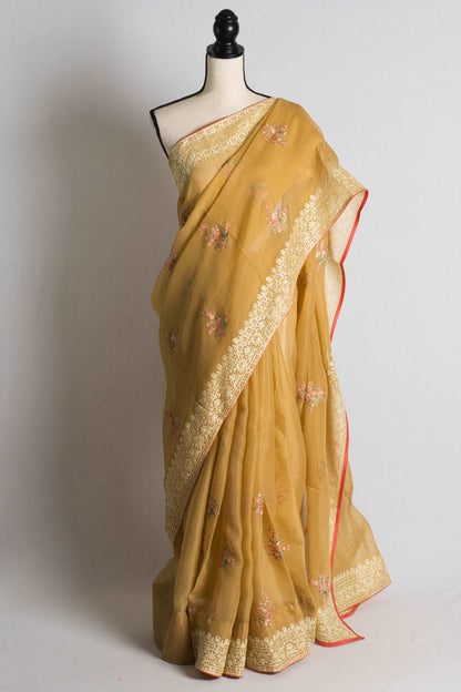 Embroidery Silk Linen Saree in Brown