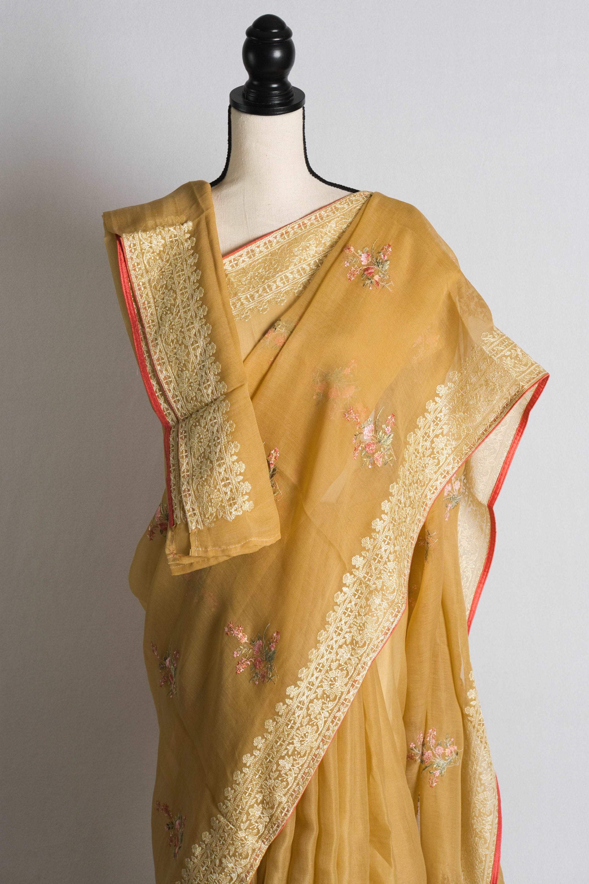 Embroidery Silk Linen Saree in Brown