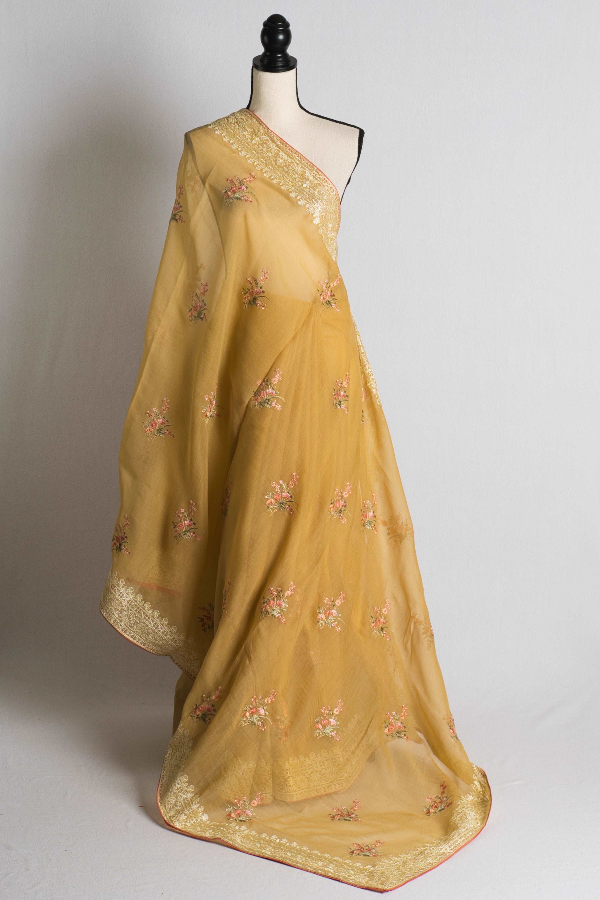 Embroidery Silk Linen Saree in Brown