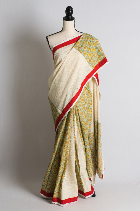 Designer Hakoba Cotton Saree in Off White and Green.