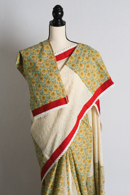 Designer Hakoba Cotton Saree in Off White and Green.