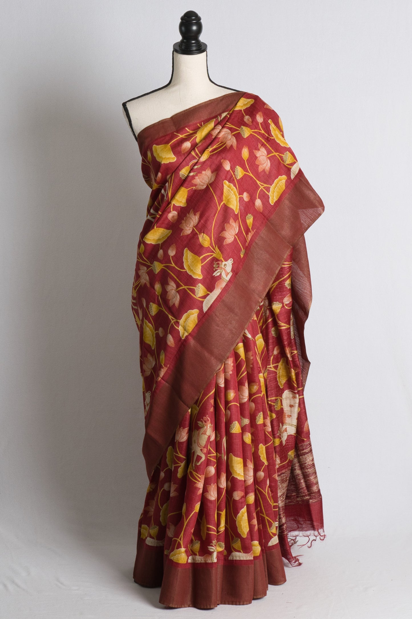 Printed Muga Tussar Silk Pichwai Saree in Red.