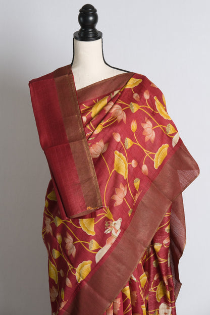 Printed Muga Tussar Silk Pichwai Saree in Red.