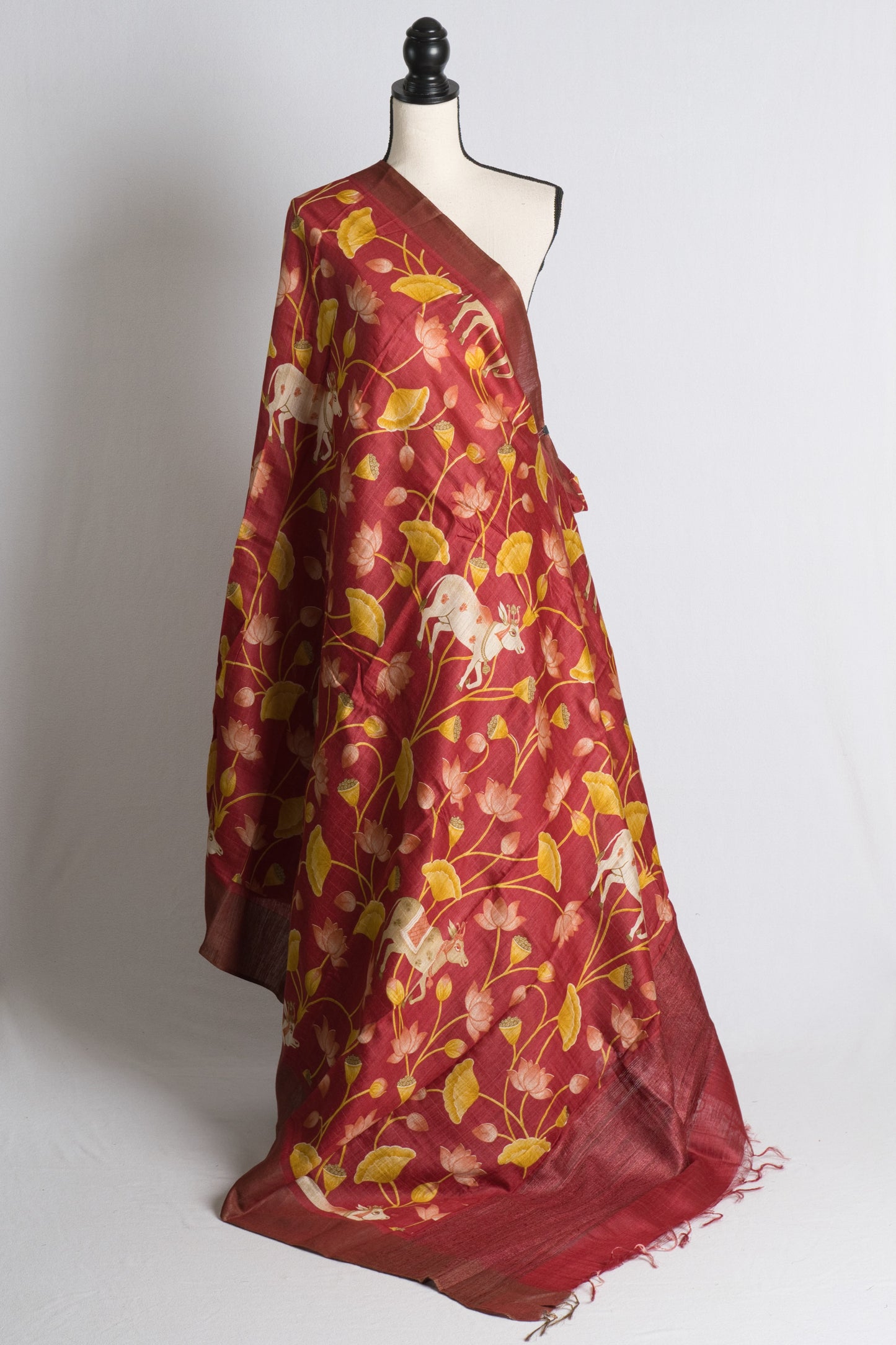 Printed Muga Tussar Silk Pichwai Saree in Red.