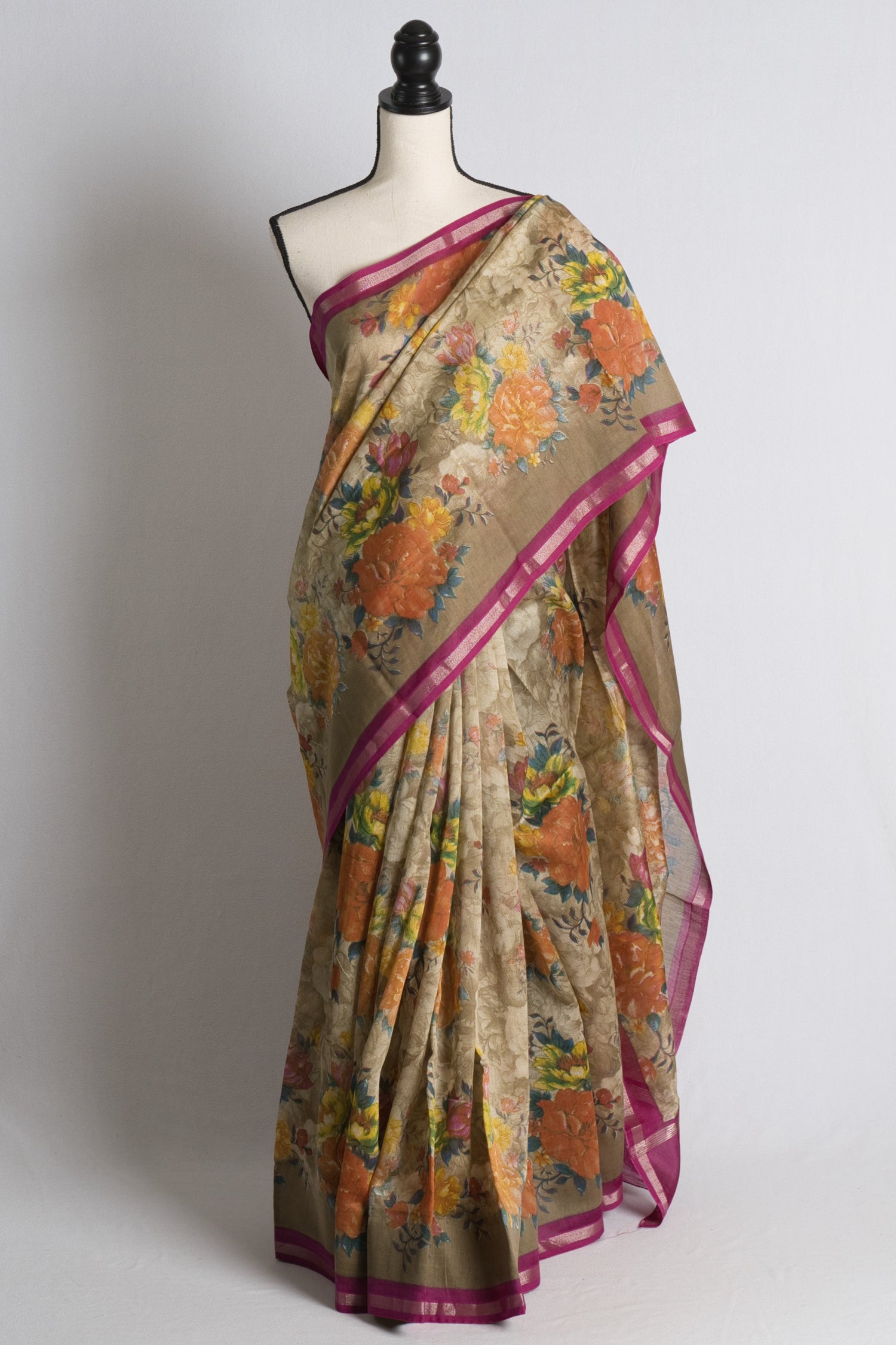 Pure Cotton Chanderi Block Printed Saree in Brown and Purple.