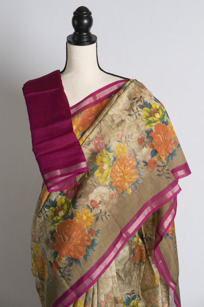 Pure Cotton Chanderi Block Printed Saree in Brown and Purple.